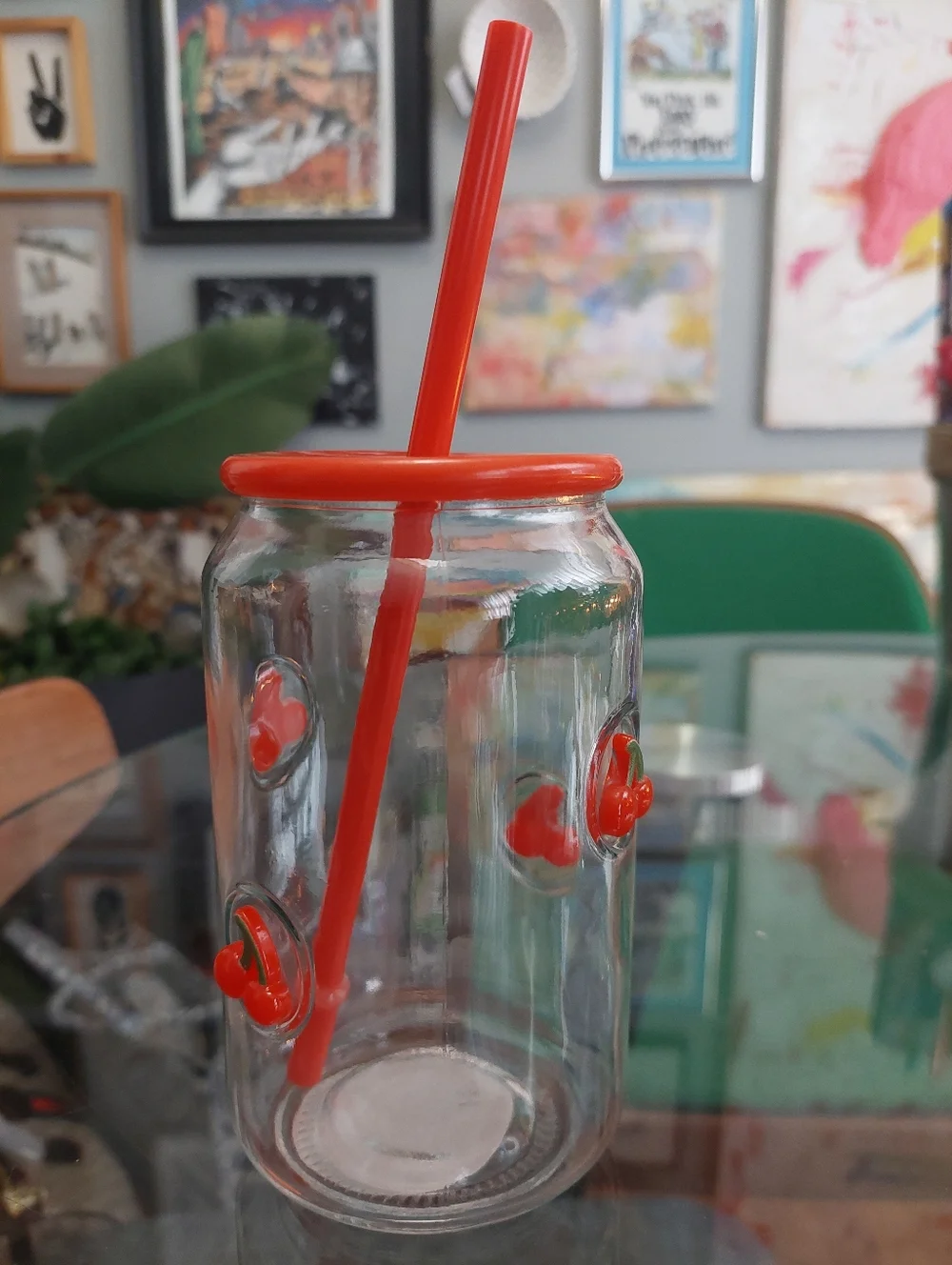 Glass Tumbler Red Cherry Charmed Cup W/ Lid And Straw ( NEW)